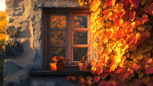 Stone wall window is framed by dense autumn foliage