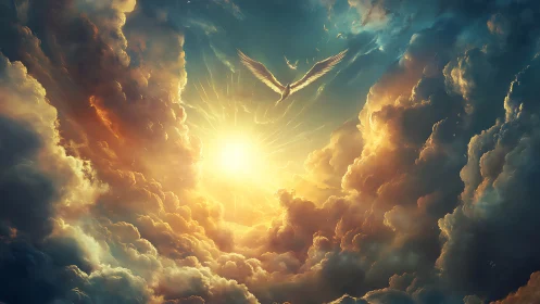 Celestial winged figure ascending through radiant storm clouds