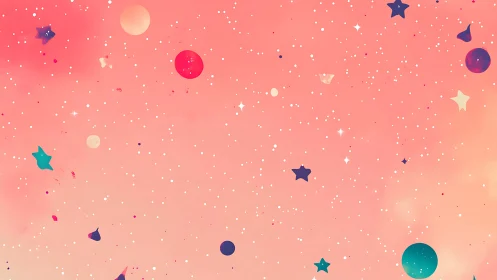 Pink gradient sky displays scattered stars and circular shapes