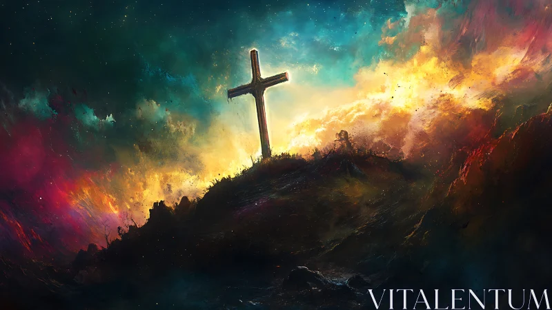 Wooden cross stands on dark ridge under turbulent sky