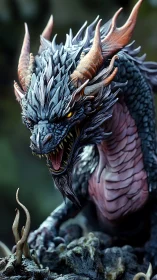 Snarling horned dragon emerges from shadows in detail.