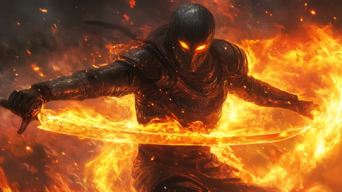 Flaming blade warrior in molten inferno swirl, digital art.