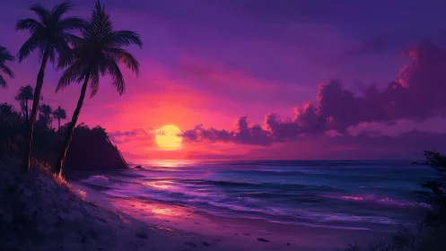 Digital seascape depicts tropical shoreline under sunset light