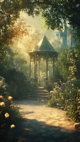 Morning light tiptoes into a rose-laced garden pavilion
