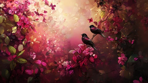 Two small birds in vivid pink flowering forest scene.