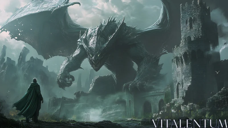 Colossal draconic siege over ruined citadel in misty gloom.