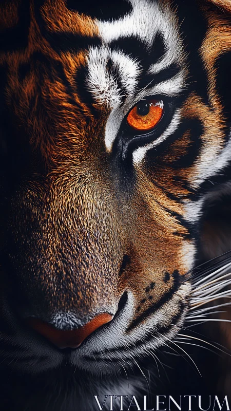 Close tiger portrait with intense orange eye in shadowed light.