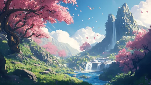 Cherry blossom valley with waterfalls and distant peaks.