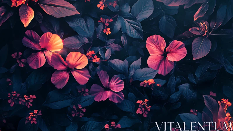 Neon Floral Composition with Luminous Hibiscus Petals Against Dark Foliage