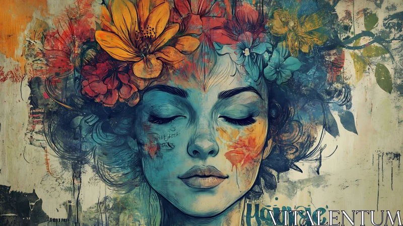 Female face with floral elements is rendered in mixed media