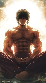 Sunlit warrior in calm, unshakable meditation focus.