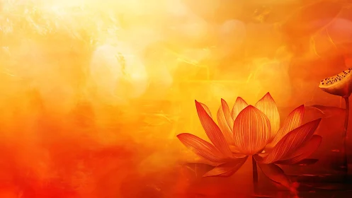 Lotus flower on warm orange abstract water background.