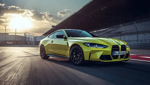 Sunlit green sports coupe ready for an exhilarating track run.