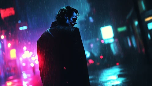 Neon drenched drifter in rain soaked cyberpunk alleyway.