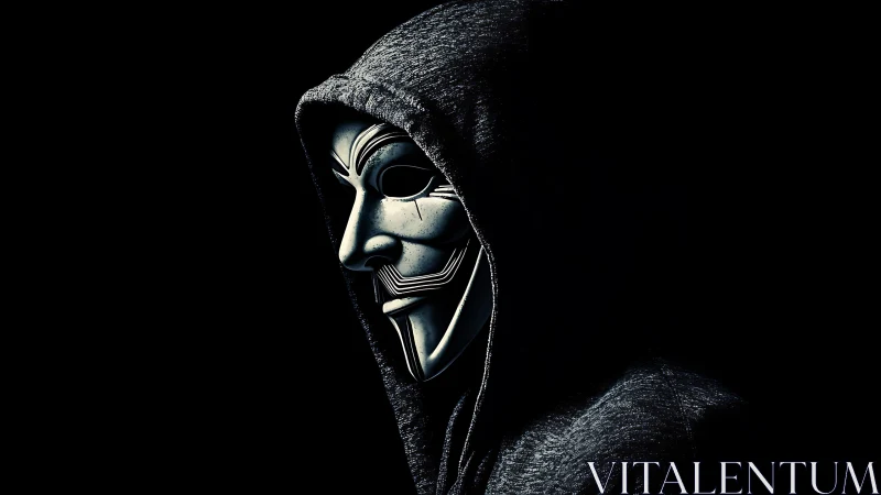 Hooded cyber specter in metallic mask stalking digital shadows.