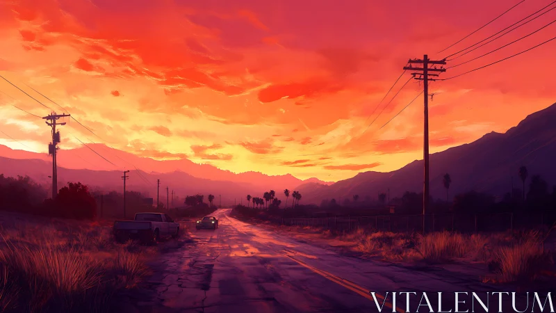 Sunset sky illuminates cracked rural road and mountains