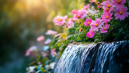 Sunlit pink garden blooms beside a gentle, sparkling fall.