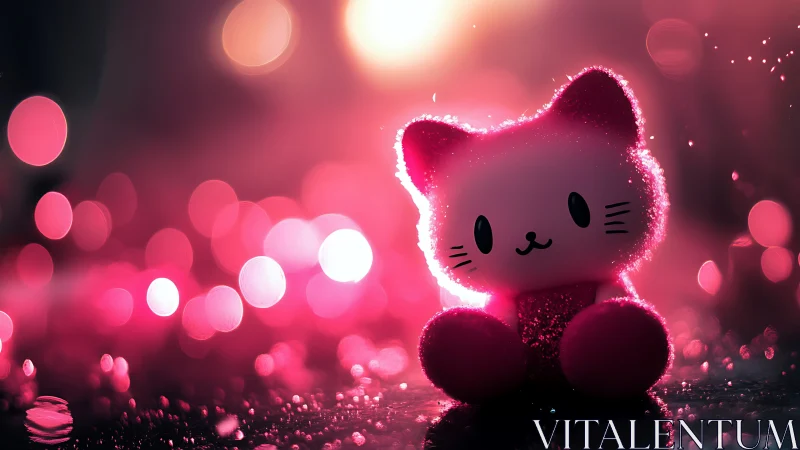 Pink cat figurine with bokeh lights on reflective surface.