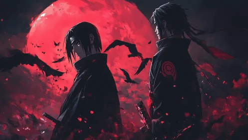 Anime warriors under blood moon with dynamic bilateral composition.