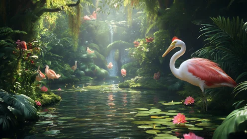 Flamingo lagoon microecosystem under refracted canopy light.