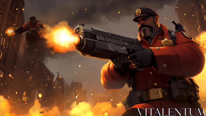 Armored enforcer fires heavy rifle amid stylized urban warfare