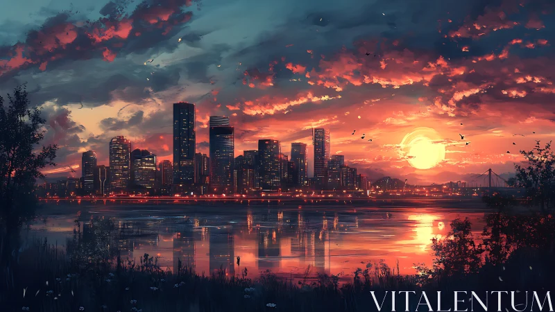 Vibrant sunset city skyline over reflective river waters.