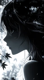 Melancholic anime profile gazes into glowing forest light.