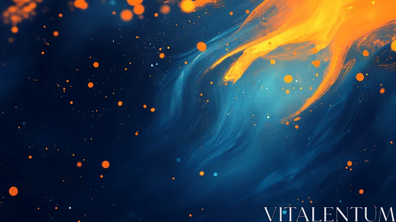 Vivid orange paint streak over swirling deep blue field.