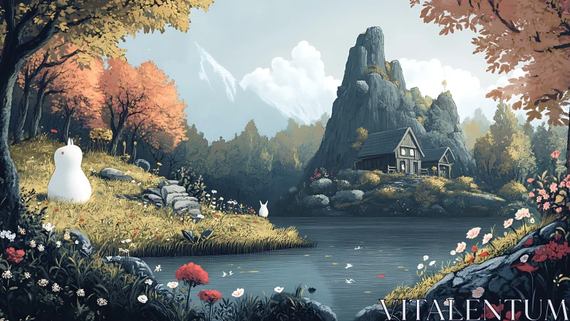 Gentle spirits linger by a lakeside cabin under autumn spires