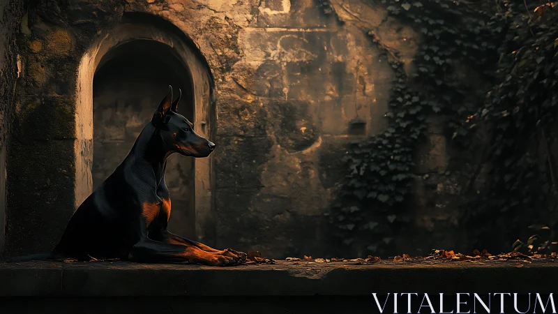 Doberman rests on stone ledge beside weathered archway at dusk