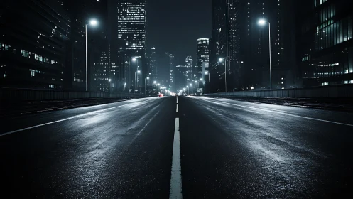 Nocturnal wet asphalt boulevard in high-rise financial core