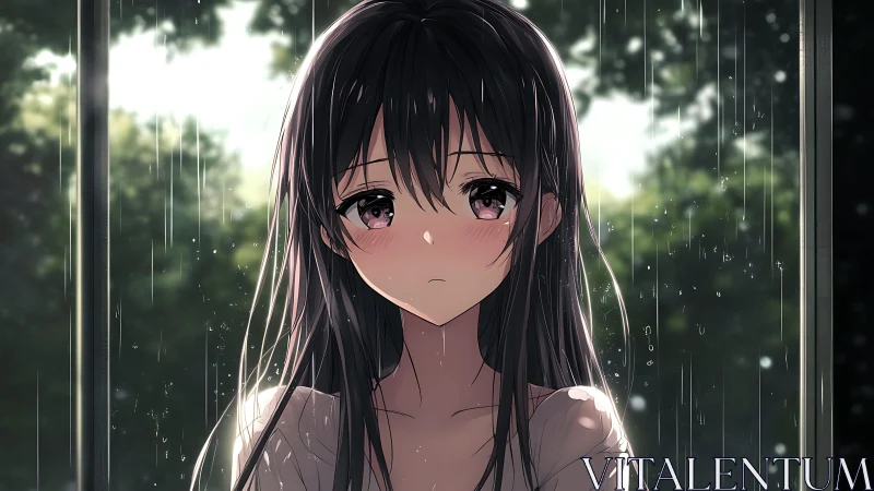 Anime portrait under rainlit window with soft bokeh depth.