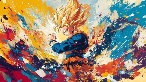 Supercharged anime warrior explodes through abstract color vortex.