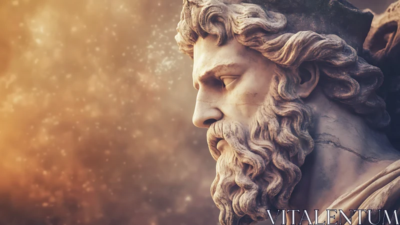 Marble profile of bearded classical male statue in light.