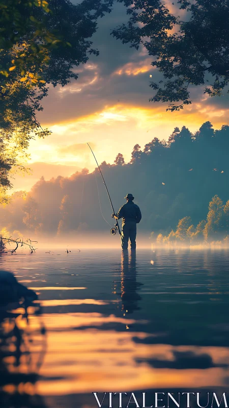 Solitary fly fisher stands in misty river at sunrise