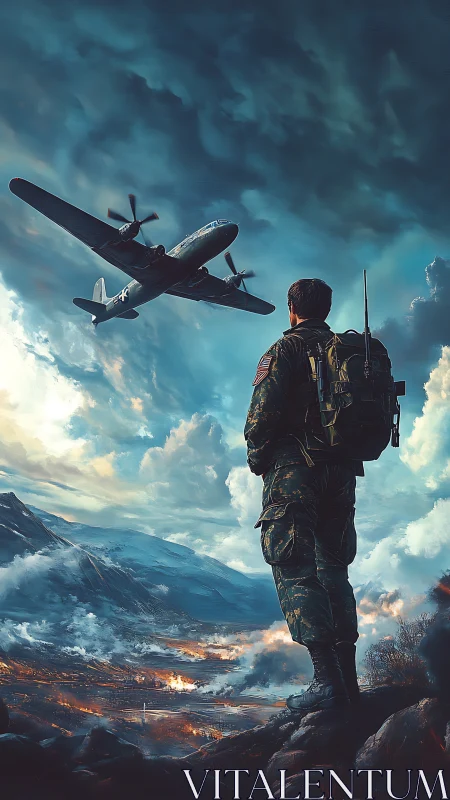 Soldier observing transport plane above burning valley sky.