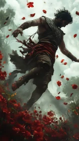 Warrior figure strides through red flower field in mist