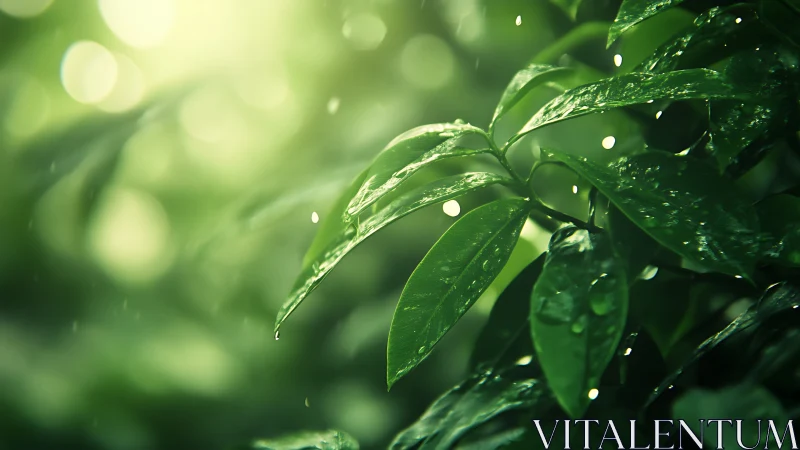 Rain-kissed jungle leaves bask in soft green sunrise hush.