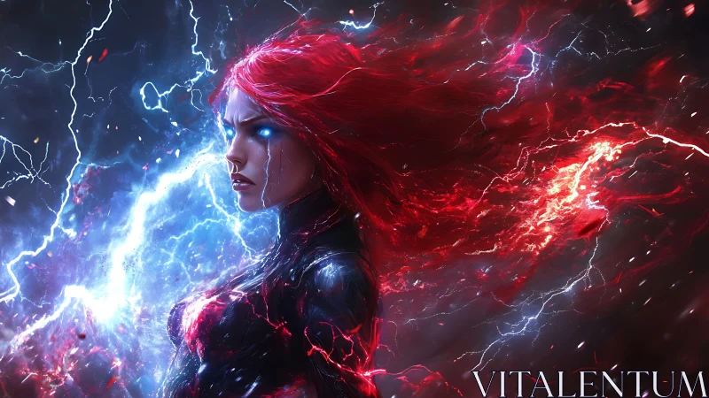 Red haired energy figure amid blue and red lightning field.