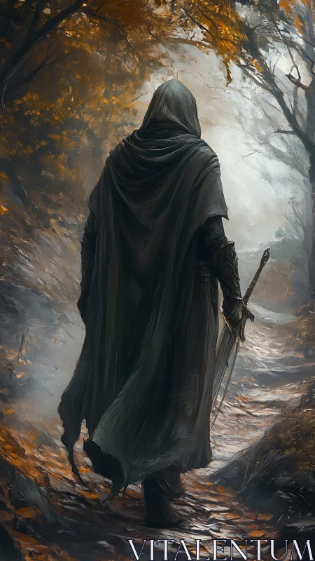 Wandering cloaked traveler on a misty forest path at dawn.