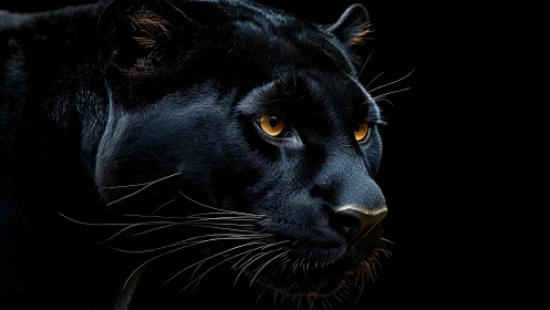 Black Panther Portrait with Luminous Golden Eyes Against Dark Background