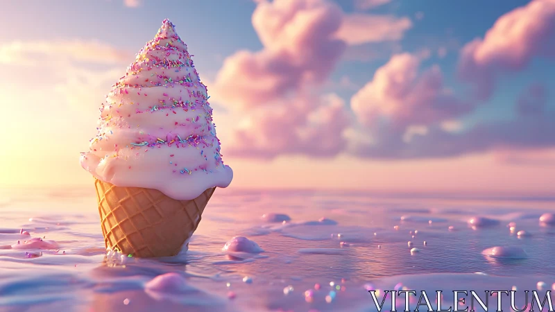 Melting ice cream cone on reflective pastel seascape.