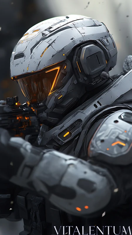 Armored combat operator with illuminated HUD visor and modular rifle