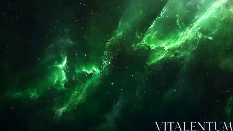 Emerald nebula streamers across deep cosmic darkness.