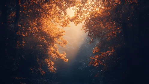 Autumn Forest Canopy: Golden Luminescence Through Dense Foliage.