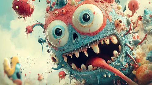 Multicolored one-eyed monster head in floating abstract scene.