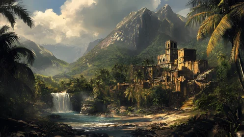Sunlit jungle ruins rest beside a serene turquoise waterfall