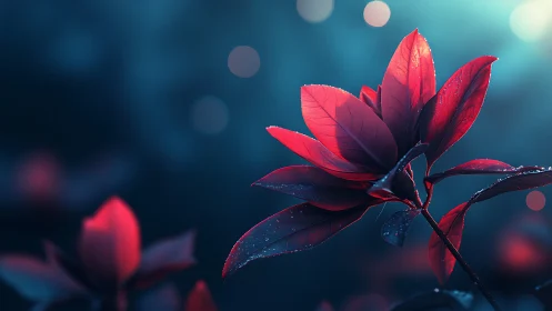 Red Magnolia Blossoms with Water Droplets Against Teal Background.