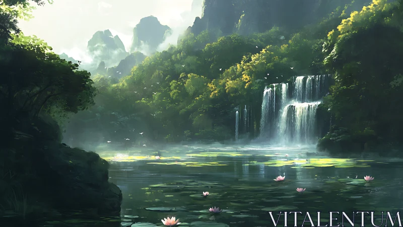 Emerald falls spill into a lotus-laced, misty jungle lagoon.
