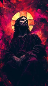 Radiant quiet figure resting beneath a blazing painted halo.